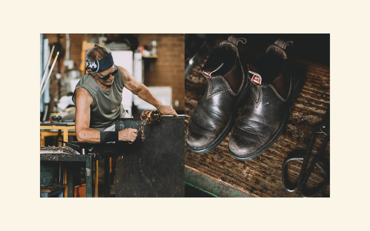 Keith Rowe working with molten glass on the left, and his worn in Rossi Boots featured on the right.