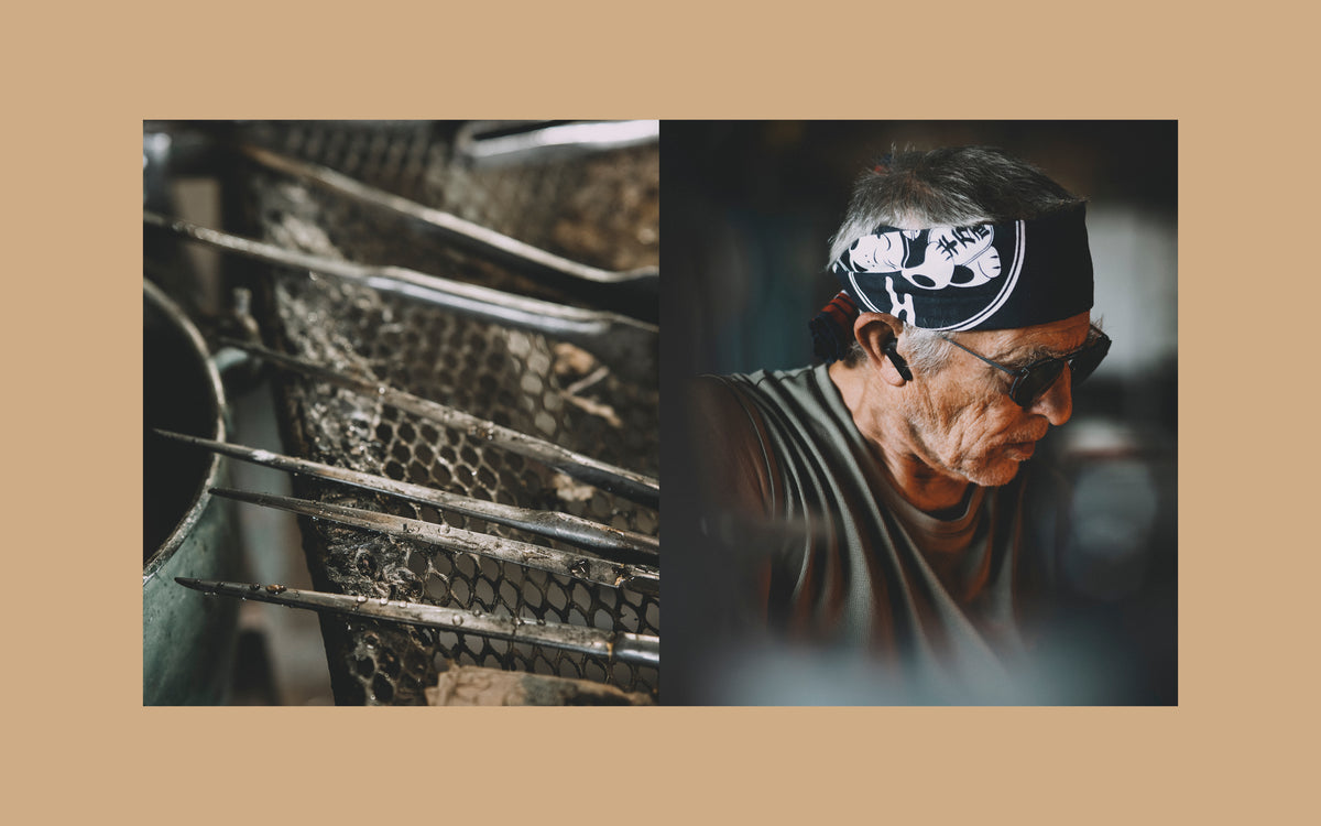 Ketih Rowe's glass blowing tools on the left, and him working in his workshop on the right.