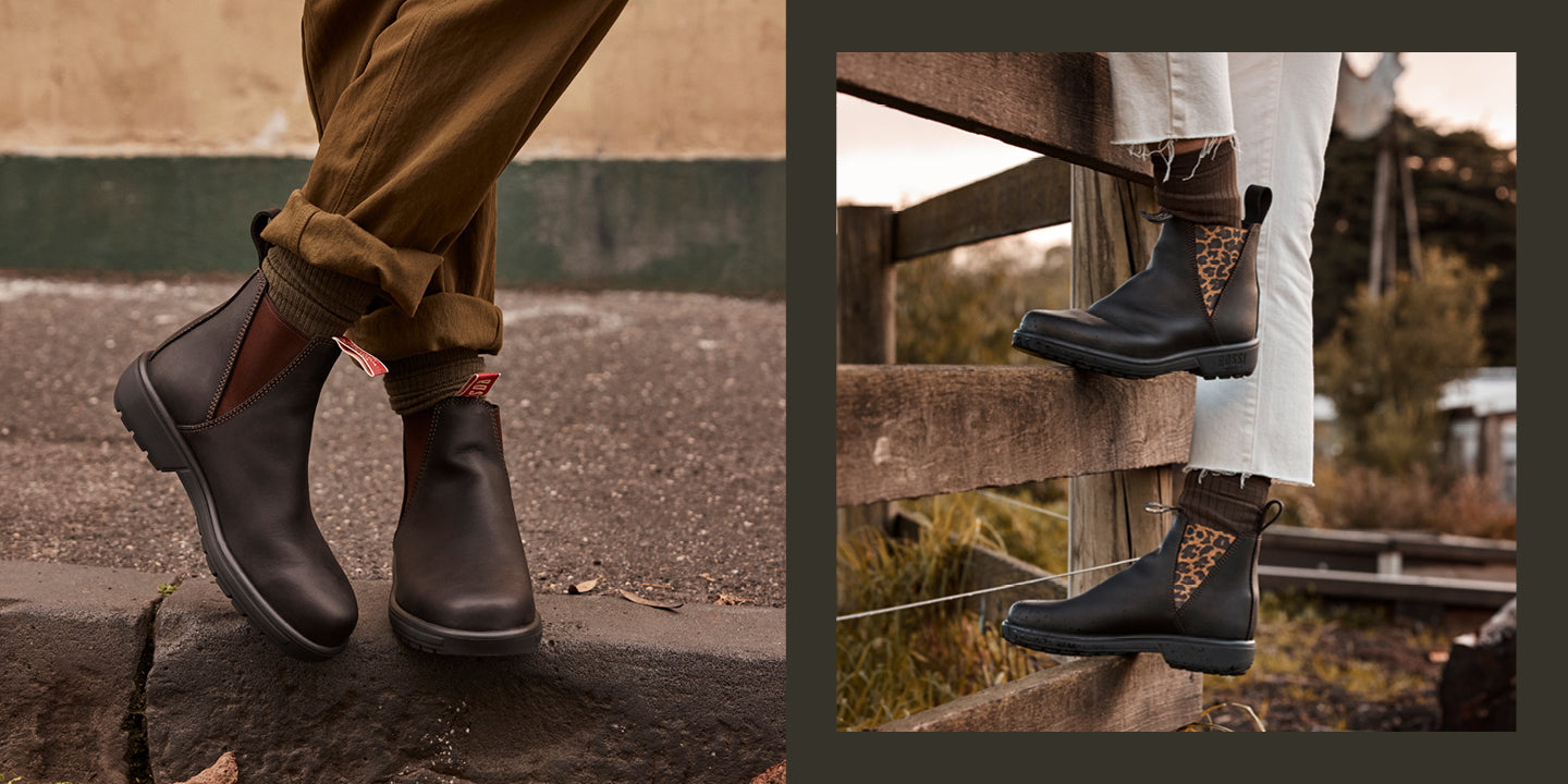 A split-panel lifestyle image showing a pair of dark brown Chelsea boots worn with brown pants on the left, and with white pants on a wooden bridge on the right. Both views feature a leopard-print ankle patch on the side of the boots.
