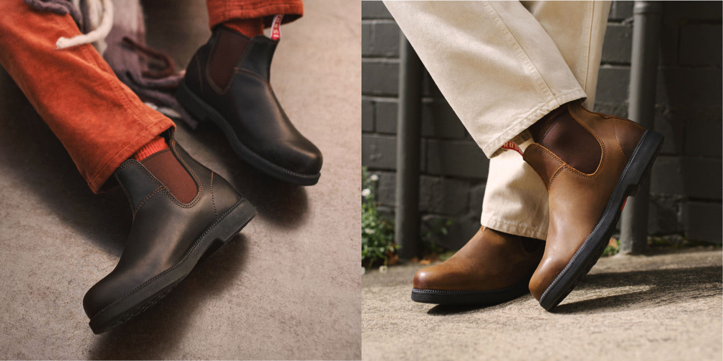 A split-screen lifestyle image showing two pairs of Chelsea-style ankle boots worn by a person. On the left, black rubberized ankle boots with brown elastic side panels are paired with rust-orange pants.