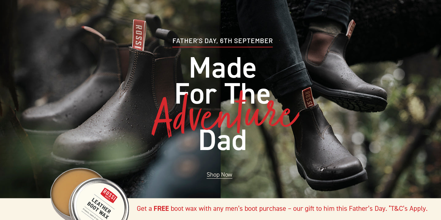 Father's Day Promotion: For the Adventure Dads. Free boot wax or Suede Protector with any men's boot purchase.