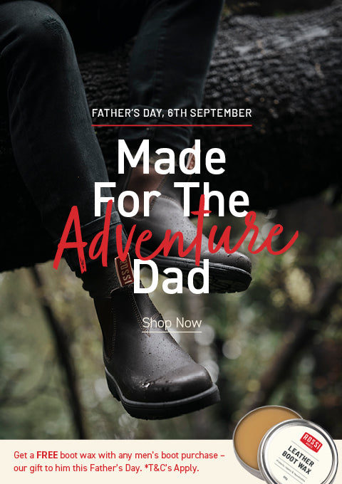 Father's Day Promotion: For the Adventure Dads. Free boot wax or Suede Protector with any men's boot purchase.