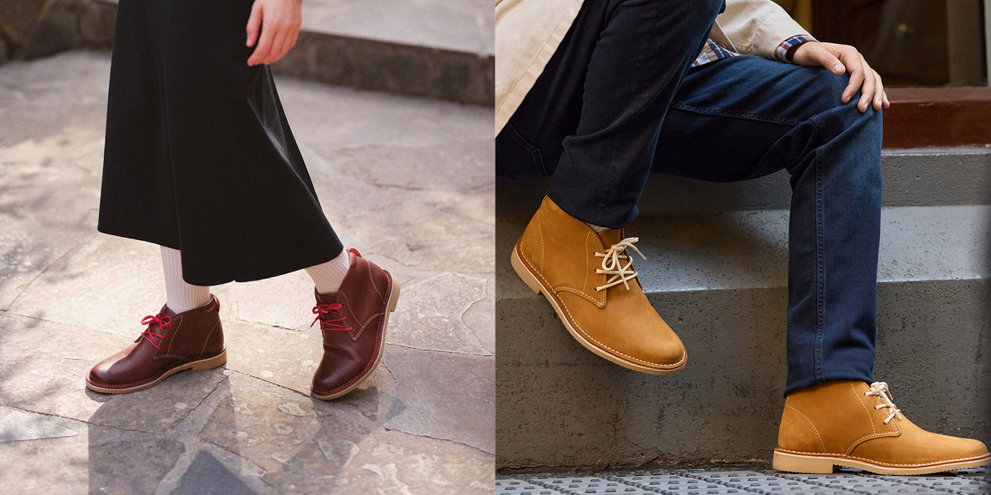 A split-screen lifestyle image showing two pairs of casual lace-up ankle boots worn by a model. On the left, the model wears dark red boots with white socks while walking on stone steps.